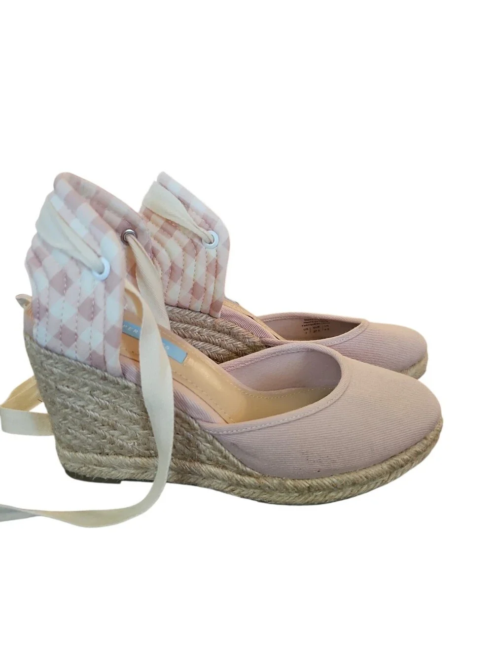 Draper James Olivia Espadrille Wedges Pink Cream Gingham Ankle Tie Heels Sz 7